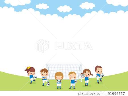 Illustration of children playing soccer in front of the goal of the field Copy space White background Background landscape Illustration of children playing soccer in front of the goal of the field Copy space White background Background landscape 91996557