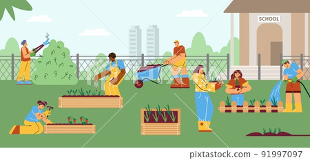 Community garden banner with people planting vegetables and plants, flat vector. Community garden banner with people planting vegetables and plants, flat vector. 91997097