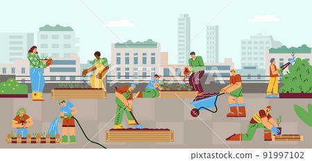People working at community garden flat style, vector illustration 91997102
