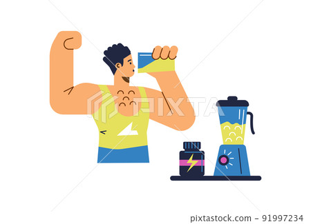 Athlete drinks protein gainer to increase body mass, flat vector isolated. 91997234
