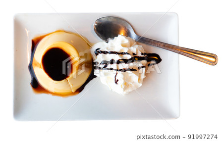 Sweet creme dessert with caramel crust flan con nata, typical catalan dessert 91997274