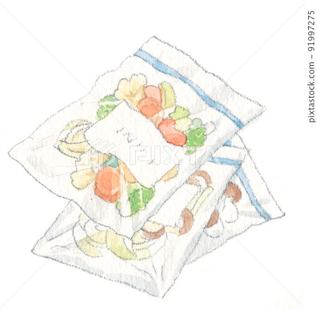 Watercolor: Cut vegetables in a plastic bag with a zipper 91997275