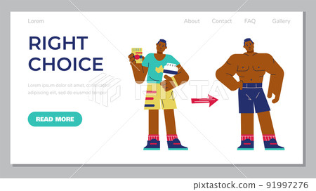 Man before and after workout and sports supplements intake, landing page template, flat vector illustration. Man before and after workout and sports supplements intake, landing page template, flat vector illustration. 91997276