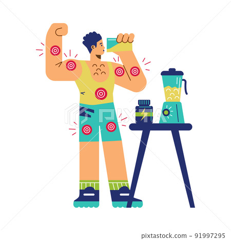Muscular young man drinking protein cocktail flat style Muscular young man drinking protein cocktail flat style 91997295
