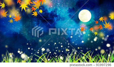 Moonlit night and autumn leaves background material 91997296