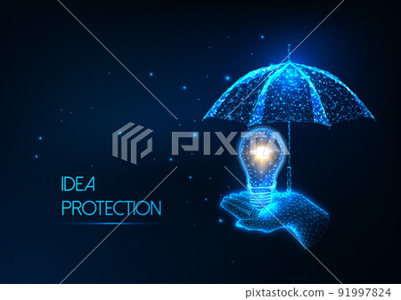 Futuristic concept of business idea, startup protection with hand holding lightbulb and umbrella Futuristic concept of business idea, startup protection with hand holding lightbulb and umbrella 91997824