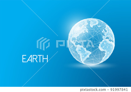 Concept of planet Earth globe in futuristic glowing low polygonal style white on blue backgound.  91997841
