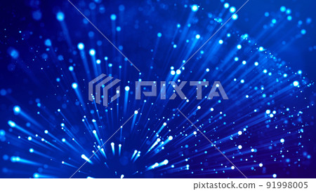Blue light rays like laser show for bright festive presentation. 3d rendering of abstract blue background with glowing particles like micro world science fiction with depth of field and bokeh. Blue light rays like laser show for bright festive presentation. 3d rendering of abstract blue background with glowing particles like micro world science fiction with depth of field and bokeh. 91998005