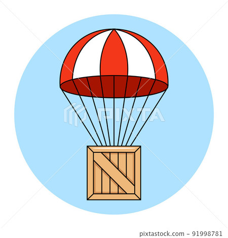 a parachute with a wooden box falls to the ground. 91998781