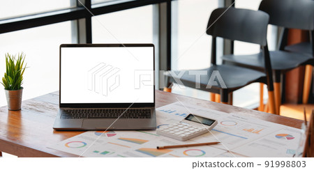 Business Finance audit tax Concept. Laptop on desk with blank screen. 91998803