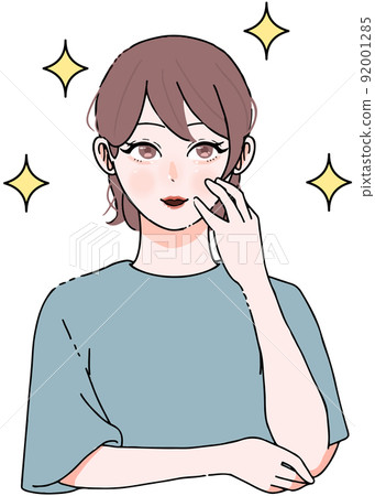 Illustration of a woman touching her cheek with a smile Illustration of a woman touching her cheek with a smile 92001285