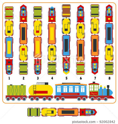 Train logic game. Find correct top view version of locomotive train with wagons, 3d puzzle test vector illustration Train logic game. Find correct top view version of locomotive train with wagons, 3d puzzle test vector illustration 92002842