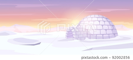 Igloo on Arctic landscape. Ice house, Anarctica snowy background and snow hut vector illustration 92002856