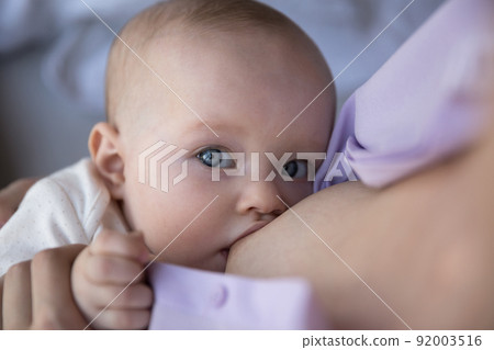 Close up face adorable newborn baby suckling moms breast milk Close up face adorable newborn baby suckling moms breast milk 92003516