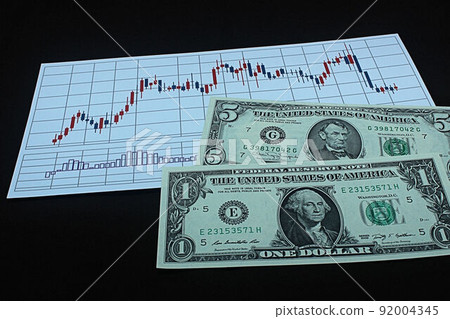 [Forex, FX, stocks, dollar yen, bitcoin, etc. in thumbnails of articles] Dollar bills and charts 92004345