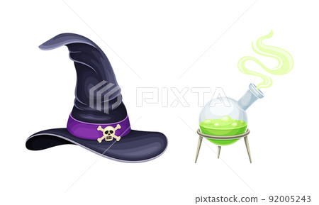 Glass flask with boiling potion and witch hat. Witchcraft objects set cartoon vector illustration 92005243