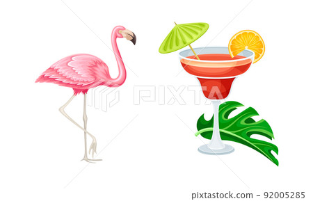 Pink flamingo and tropical cocktail. Summer tropical vacation objects cartoon vector illustration Pink flamingo and tropical cocktail. Summer tropical vacation objects cartoon vector illustration 92005285