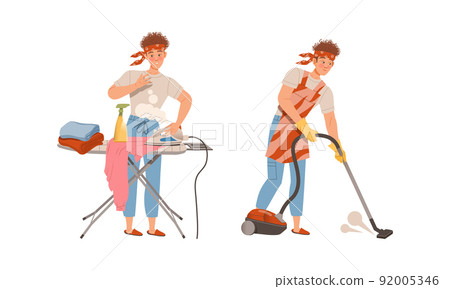 Househusband at everyday routine. Man ironing clothes on board and cleaning floor with vacuum cleaner vector illustration Househusband at everyday routine. Man ironing clothes on board and cleaning floor with vacuum cleaner vector illustration 92005346