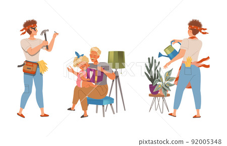 Househusband at everyday routine. Man hammering nail into wall, watering potted houseplants and reading book to his little daughter vector illustration 92005348