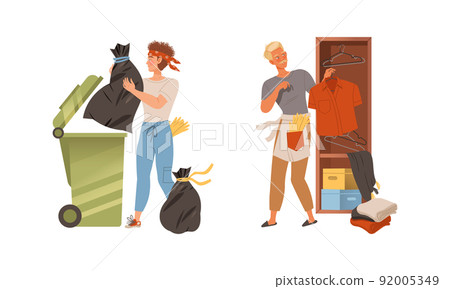 Househusband at everyday routine. Man putting clothes at wardrobe and throwing plastic bag into trash bin vector illustration Househusband at everyday routine. Man putting clothes at wardrobe and throwing plastic bag into trash bin vector illustration 92005349