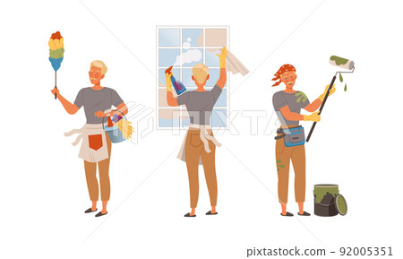 Househusband in everyday routine. Man painting wall with roller paint, wiping dust, washing window vector illustration 92005351