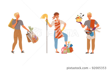 Househusband in everyday routine. Man carrying bags with grocery products, cooking and cleaning home vector illustration Househusband in everyday routine. Man carrying bags with grocery products, cooking and cleaning home vector illustration 92005353