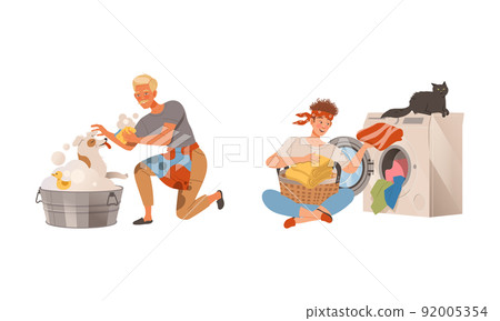 Househusband in everyday routine. Man washing dog in basin and loading laundry into washing machine vector illustration 92005354