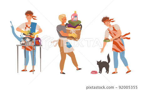 Househusband in everyday routine. Man doing laundry, feeding cat and washing dishes vector illustration Househusband in everyday routine. Man doing laundry, feeding cat and washing dishes vector illustration 92005355