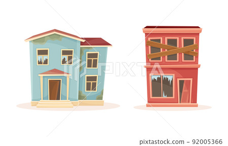 Ruined and abandoned buildings set. Old damaged city buildings cartoon vector illustration Ruined and abandoned buildings set. Old damaged city buildings cartoon vector illustration 92005366