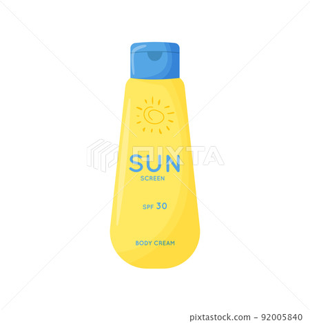 Skin care product. Sun safety, UV protection cream. Tube of sunscreen product with SPF. Summer cosmetic. Flat vector illustration isolated on white background. Skin care product. Sun safety, UV protection cream. Tube of sunscreen product with SPF. Summer cosmetic. Flat vector illustration isolated on white background. 92005840