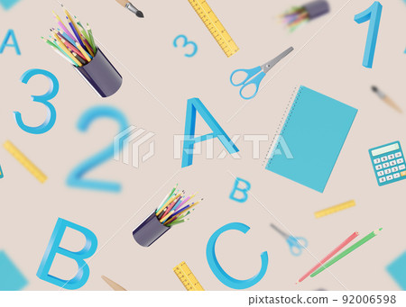 Seamless pattern with school stationery items on cream background. Colorful background with school supplies, texture. Eye-catching design. Pen, pencils, scissors, notebook, ruler. 3D rendering. Seamless pattern with school stationery items on cream background. Colorful background with school supplies, texture. Eye-catching design. Pen, pencils, scissors, notebook, ruler. 3D rendering. 92006598