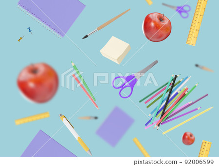 Seamless pattern with school stationery items on blue background. Colorful background with school supplies, texture. Eye-catching design. Pen, pencils, scissors, notebook, ruler, apple. 3D rendering. Seamless pattern with school stationery items on blue background. Colorful background with school supplies, texture. Eye-catching design. Pen, pencils, scissors, notebook, ruler, apple. 3D rendering. 92006599
