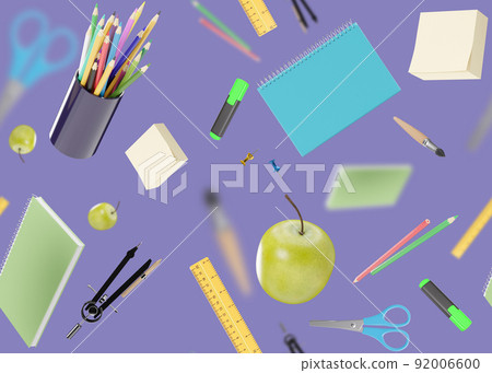 Seamless pattern with school stationery items on purple background. Colorful background with school supplies, texture. Eye-catching design. Pen, pencils, scissors, notebook, ruler, apple. 3D rendering 92006600