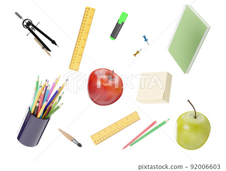 School stationery items isolated on white background. School supplies cut out. Pen, pencils, notebook, brush, ruler, apple. 3D rendering. School stationery items isolated on white background. School supplies cut out. Pen, pencils, notebook, brush, ruler, apple. 3D rendering. 92006603