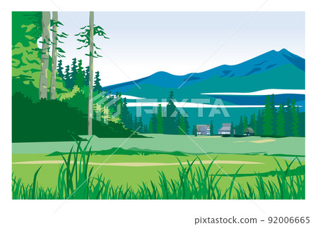 A landscape of a Japanese mountain village with an old folk house. Live in a lush green area. 92006665