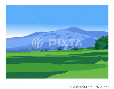 A landscape of a Japanese mountain village with an old folk house. Live in a lush green area. 92006670