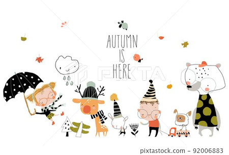 Cartoon Cute Kids and Animals enjoying Autumn 92006883