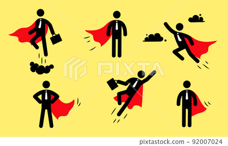 Superhero business pictogram man icon set. Superhero businessman flying stick figure. Victory worker, employer pictogram person 92007024
