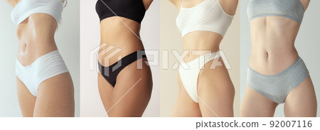 Cropped images of sportive bodies, bellies and breasts of young women in underwear isolated on grey background. Natural beauty, treatment, healthcare. Collage Cropped images of sportive bodies, bellies and breasts of young women in underwear isolated on grey background. Natural beauty, treatment, healthcare. Collage 92007116