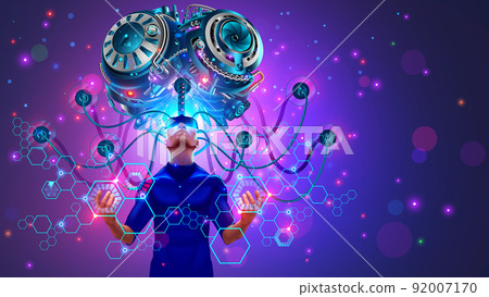 Big Artificial brain or Supercomputer with AI via wires connected with human brain. Deep learning of neural networks, artificial intelligence concept. Sci-fi illustration of tech genius or super human Big Artificial brain or Supercomputer with AI via wires connected with human brain. Deep learning of neural networks, artificial intelligence concept. Sci-fi illustration of tech genius or super human 92007170