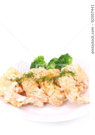 Shrimp fritters with mayonnaise bright background Shrimp fritters with mayonnaise bright background 92007441
