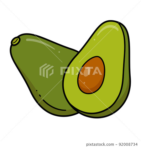 Vector stylized fresh avocado fruit isolated on a white background. Whole and half-cut avocado drawing Vector stylized fresh avocado fruit isolated on a white background. Whole and half-cut avocado drawing 92008734
