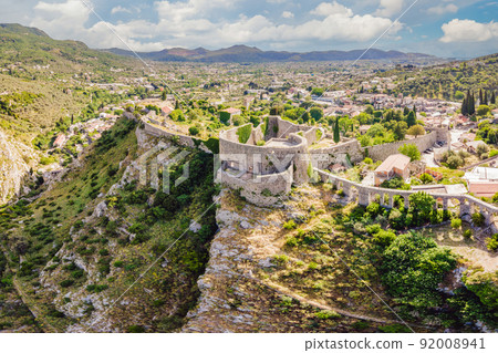 Old city. Sunny view of ruins of citadel in Stari Bar town near Bar city, Montenegro. Drone view 92008941
