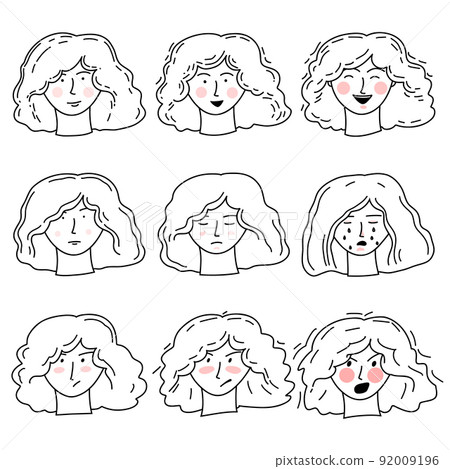 Hand-drawn doodle vector set with girl's faces with different emotions of happiness 92009196