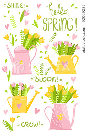 Vector set Hello Spring in pink, yellow and green colors 92009285