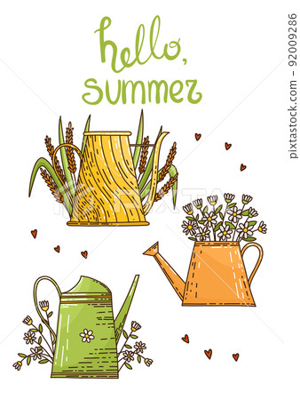 Vector set Hello Summer in yellow, orange and green colors - four watering cans, bouquets, leaves Vector set Hello Summer in yellow, orange and green colors - four watering cans, bouquets, leaves 92009286