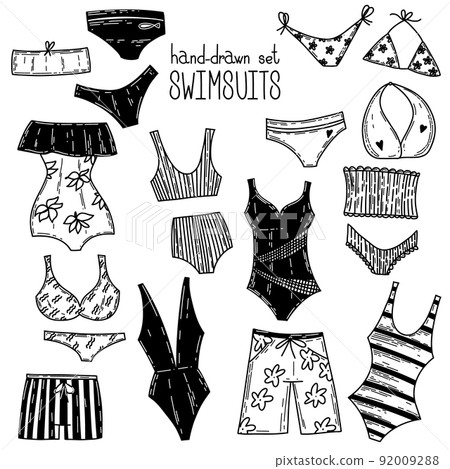 Vector set of cartoon doodle swimsuits and bikini underwear elements beach beauty brassiere Vector set of cartoon doodle swimsuits and bikini underwear elements beach beauty brassiere 92009288