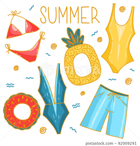 Vector set of cartoon doodle swimsuits and bikini underwear elements, beach beauty brassiere Vector set of cartoon doodle swimsuits and bikini underwear elements, beach beauty brassiere 92009291