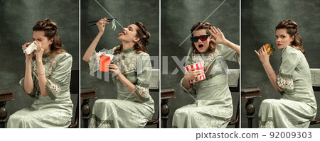 Set of vintage portraits of young beautiful girl in gray dress of medieval style isolated on dark background. Comparison of eras concept, flemish style. Art, beauty Set of vintage portraits of young beautiful girl in gray dress of medieval style isolated on dark background. Comparison of eras concept, flemish style. Art, beauty 92009303