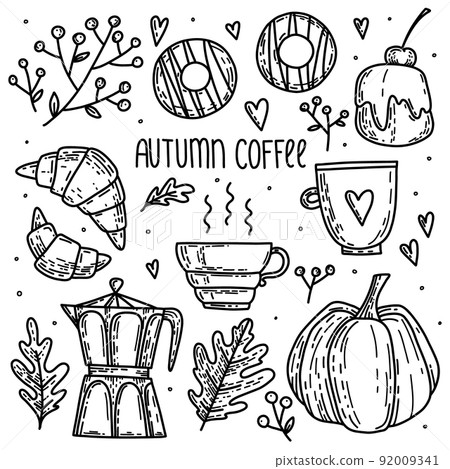 Vector cozy fall set with cute fall pumpkin, cream cakes, hot chocolate drink, coffee pot, Vector cozy fall set with cute fall pumpkin, cream cakes, hot chocolate drink, coffee pot, 92009341